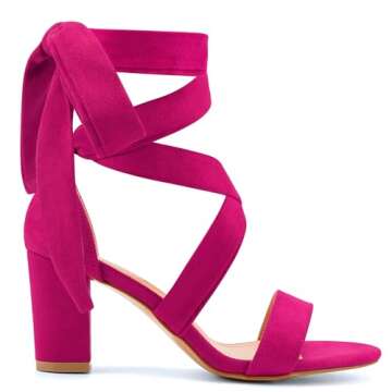Leticia Hot Pink Strappy Heels for Women Chunky Heel Sexy Open Toe Lace Up Block Heels Comfortable H...