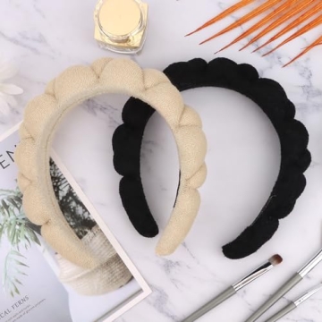 WHAVEL 2 Pack Spa Headband for Washing Face, Get Ready Headband Soft Terry Cloth Headbands Puffy Hair Band for Face Washing, Skincare, Makeup (Khaki, Black)