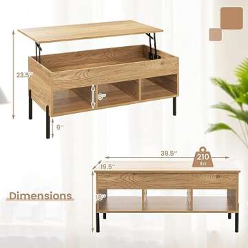 LDAILY Lift Top Coffee Table, Modern Wood Working Dining Table with Hidden Compartment, 3 Storage Shelf, Mid-Century Rectangular Center Table for Living Room, Reception, Apartment, Office