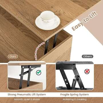 LDAILY Lift Top Coffee Table, Modern Wood Working Dining Table with Hidden Compartment, 3 Storage Shelf, Mid-Century Rectangular Center Table for Living Room, Reception, Apartment, Office