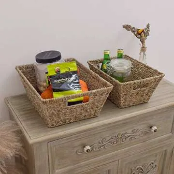 StorageWorks Seagrass Storage Baskets, Medium Wicker Baskets with Built-in Handles, 2 Pack