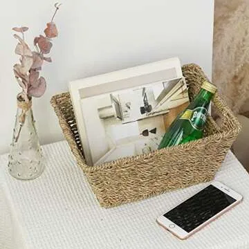 StorageWorks Seagrass Storage Baskets, Medium Wicker Baskets with Built-in Handles, 2 Pack