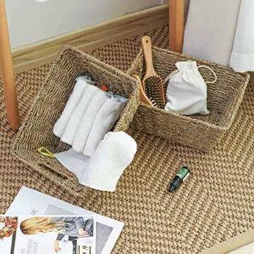 StorageWorks Seagrass Storage Baskets, Medium Wicker Baskets with Built-in Handles, 2 Pack