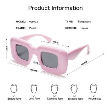 VANLINKER Cute Square Inflated Sunglasses for Women Men Trendy Chunky Glasses Retro Thick Frame Funny Mask Shades VL9733 Y2K Pink