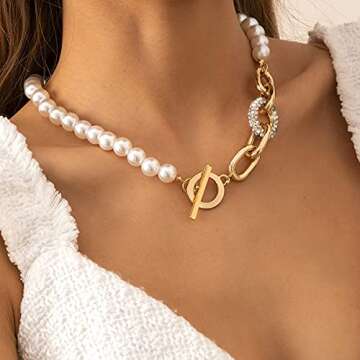 Asphire Vintage Pearl Choker Necklace with Toggle Clasp Chunky Oval Link Chain Necklace Punk Festiva...