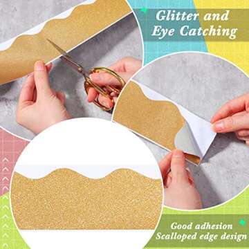 Yexiya 65 Feet Self Adhesive Bulletin Board Borders Glitter Scalloped Trim Shine Glitter Bulletin Board Sticker Border for Classroom School Decoration(Gold)