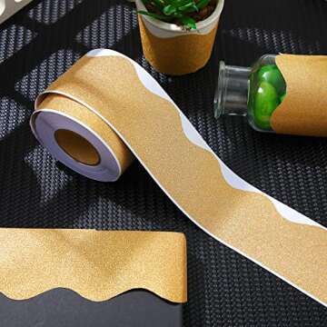 Yexiya 65 Feet Self Adhesive Bulletin Board Borders Glitter Scalloped Trim Shine Glitter Bulletin Board Sticker Border for Classroom School Decoration(Gold)