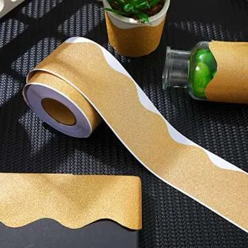 Yexiya 65 Feet Self Adhesive Bulletin Board Borders Glitter Scalloped Trim Shine Glitter Bulletin Board Sticker Border for Classroom School Decoration(Gold)