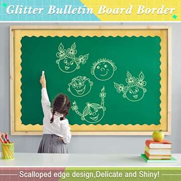 Yexiya 65 Feet Self Adhesive Bulletin Board Borders Glitter Scalloped Trim Shine Glitter Bulletin Board Sticker Border for Classroom School Decoration(Gold)