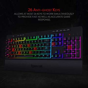 Redragon K512 Shiva RGB Backlit Membrane Gaming Keyboard with Multimedia Keys, Linear Mechanical-Feel Switch, 6 Extra On-Board Macro Keys, Dedicated Media Control, Detachable Wrist Rest