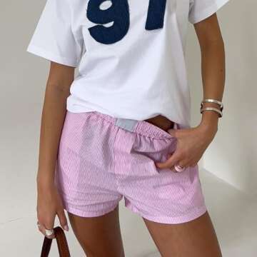 Cute Stripe Lounge Shorts for Women Casual Plaid Pajama Shorts Elastic Low Waist Sleep Boxer Shorts ...