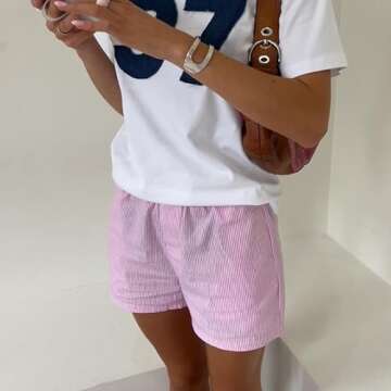 Cute Stripe Lounge Shorts for Women Casual Plaid Pajama Shorts Elastic Low Waist Sleep Boxer Shorts Summer(08-Basic Stripe Pink,S)