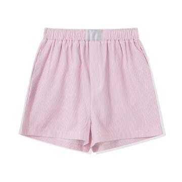 Cute Stripe Lounge Shorts for Women Casual Plaid Pajama Shorts Elastic Low Waist Sleep Boxer Shorts Summer(08-Basic Stripe Pink,S)