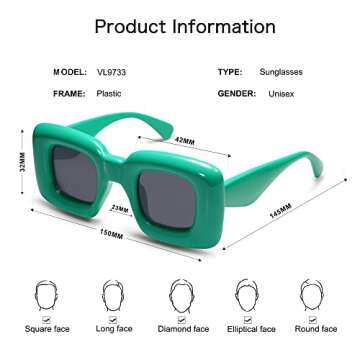 VANLINKER Cute Square Inflated Sunglasses for Women Men Trendy Chunky Glasses Retro Thick Frame Funny Mask Shades VL9733 Green