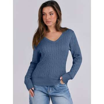 ANRABESS Women's Long Sleeve V Neck Cable Knit Sweater Jumper 2024 Fall Pullover Top Cute Soft Ladie...