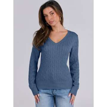ANRABESS Women's Long Sleeve V Neck Cable Knit Sweater Jumper 2024 Fall Pullover Top Cute Soft Ladies Dressy Casual Outfits Indigo Blue Large