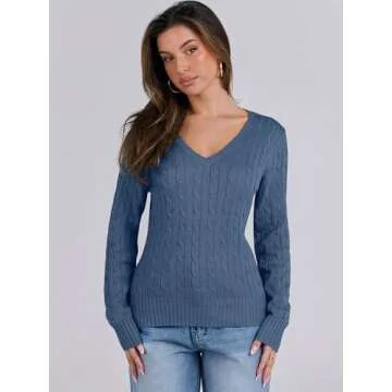ANRABESS Women's Long Sleeve V Neck Cable Knit Sweater Jumper 2024 Fall Pullover Top Cute Soft Ladies Dressy Casual Outfits Indigo Blue Large