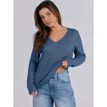 ANRABESS Women's Long Sleeve V Neck Cable Knit Sweater Jumper 2024 Fall Pullover Top Cute Soft Ladies Dressy Casual Outfits Indigo Blue Large