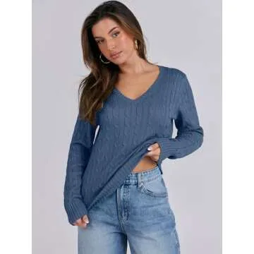 ANRABESS Women's Long Sleeve V Neck Cable Knit Sweater Jumper 2024 Fall Pullover Top Cute Soft Ladies Dressy Casual Outfits Indigo Blue Large
