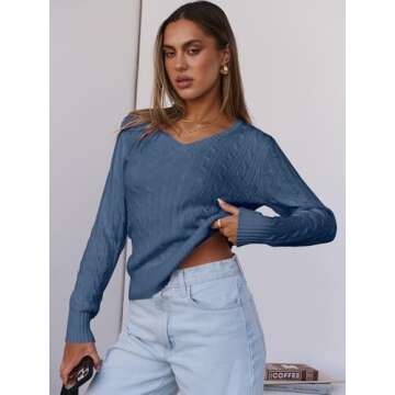 ANRABESS Women's Long Sleeve V Neck Cable Knit Sweater Jumper 2024 Fall Pullover Top Cute Soft Ladies Dressy Casual Outfits Indigo Blue Large