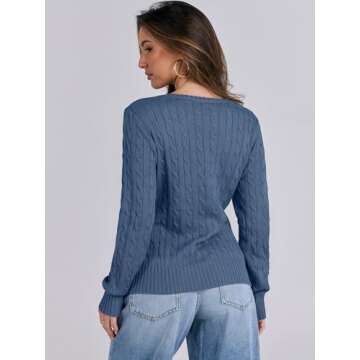 ANRABESS Women's Long Sleeve V Neck Cable Knit Sweater Jumper 2024 Fall Pullover Top Cute Soft Ladies Dressy Casual Outfits Indigo Blue Large