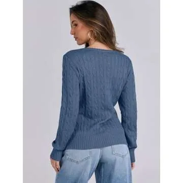 ANRABESS Women's Long Sleeve V Neck Cable Knit Sweater Jumper 2024 Fall Pullover Top Cute Soft Ladies Dressy Casual Outfits Indigo Blue Large