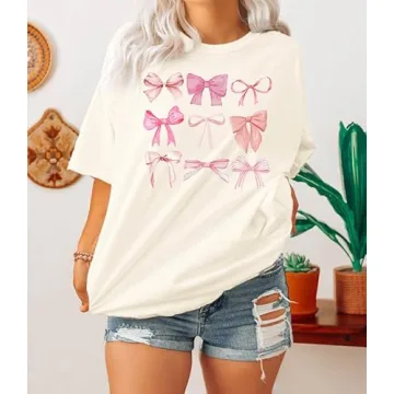 Women's Pink Bow Coquette Aesthetic Shirt - Trendy Oversized Tee