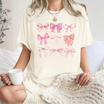 Women's Pink Bow Coquette Aesthetic Shirt - Trendy Oversized Tee