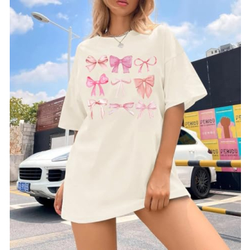 Women's Pink Bow Coquette Aesthetic Shirt - Trendy Oversized Tee