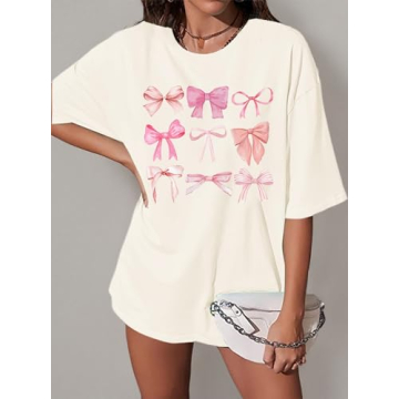 Women's Pink Bow Coquette Aesthetic Shirt - Trendy Oversized Tee