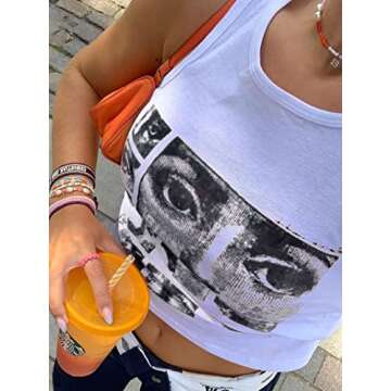 Avanova Women's Face Portrait Print Round Neck Casual Summer Sleeveless Crop Tank Top White Large