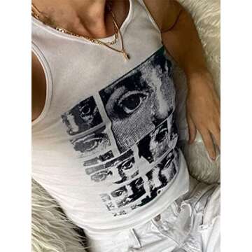 Avanova Women's Face Portrait Print Round Neck Casual Summer Sleeveless Crop Tank Top White Large
