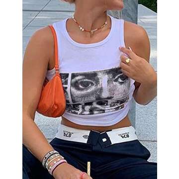 Avanova Women's Face Portrait Print Round Neck Casual Summer Sleeveless Crop Tank Top White Large