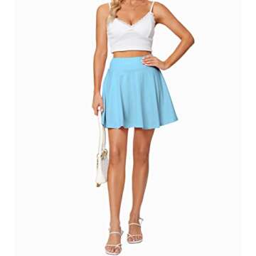 Sinono Basic Stretchy Solid Flared Casual Mini Pleated Skater Skirt (Large, Sky Blue)