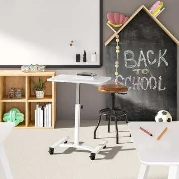 Seville Classics Airlift Mobile Height Adjustable Laptop Stand Computer Workstation for Sitting Classroom Home Office Medical Table w/Wheels, Flat Desk 24", White