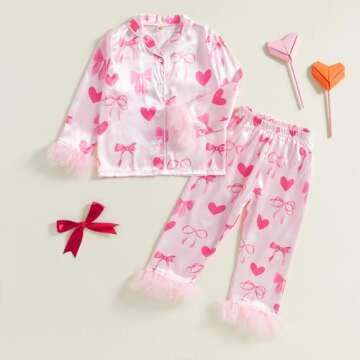 Twopumpkin Toddler Girl Valentines Day Satin Silk Pajamas 2 Piece Pajama Set Little Kid Girls Pjs Ni...