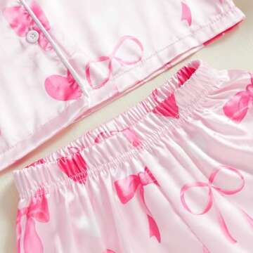 Twopumpkin Toddler Girl Valentines Day Satin Silk Pajamas 2 Piece Pajama Set Little Kid Girls Pjs Nightgown Outfit (Valentines Love Heart Bow Pink, 5-6 Years)