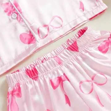 Twopumpkin Toddler Girl Valentines Day Satin Silk Pajamas 2 Piece Pajama Set Little Kid Girls Pjs Nightgown Outfit (Valentines Love Heart Bow Pink, 5-6 Years)