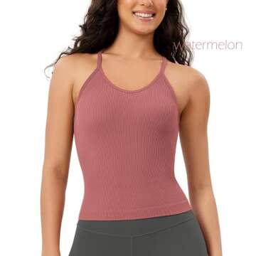 ODODOS Women's 3-Pack Seamless Cami Tops Ribbed Camisole Tank Top, Watermelon+Emerald+Mint, X-Small/Small