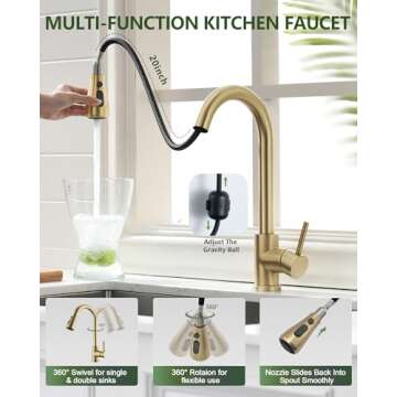Gold Kitchen Faucet, Brass Kitchen Faucet with Pull Down Sprayer, Single Hole Stainless Steel Brushed Gold Faucet for 3 Hole Kitchen Sink Gooseneck for Commercial Modern Camper RV Farmhouse Bar Sink