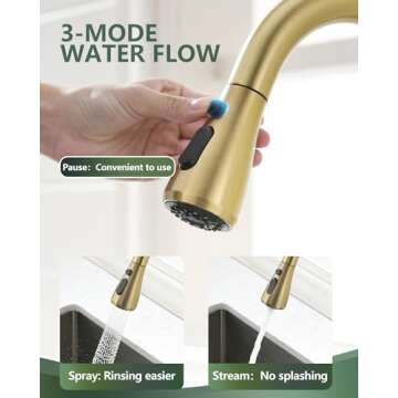 Gold Kitchen Faucet, Brass Kitchen Faucet with Pull Down Sprayer, Single Hole Stainless Steel Brushed Gold Faucet for 3 Hole Kitchen Sink Gooseneck for Commercial Modern Camper RV Farmhouse Bar Sink
