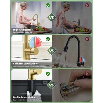 Gold Kitchen Faucet, Brass Kitchen Faucet with Pull Down Sprayer, Single Hole Stainless Steel Brushed Gold Faucet for 3 Hole Kitchen Sink Gooseneck for Commercial Modern Camper RV Farmhouse Bar Sink