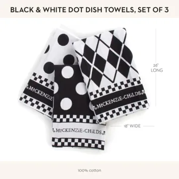 MACKENZIE-CHILDS Cotton Dish Towel, Cute Decorative Kitchen Dish Towel for Cleaning and Home Decor, Set of 3, Black-and-White Dot