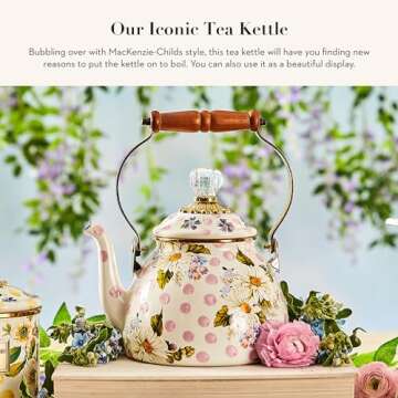 MACKENZIE-CHILDS Pink Wildflowers Enamel Tea Kettle - Stylish 2-Quart Stovetop Kettle