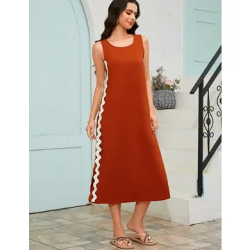 BQDCQB Womens Summer Sleeveless Tank Dress Colorful RIC Rac Side Slit Boho Beach Maxi Dresses Trendy Vacation Outfits(Brown-M)