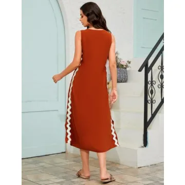 BQDCQB Womens Summer Sleeveless Tank Dress Colorful RIC Rac Side Slit Boho Beach Maxi Dresses Trendy Vacation Outfits(Brown-M)