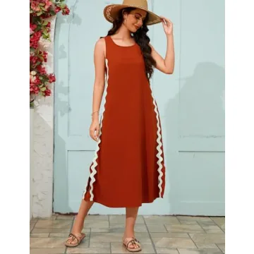 BQDCQB Womens Summer Sleeveless Tank Dress Colorful RIC Rac Side Slit Boho Beach Maxi Dresses Trendy Vacation Outfits(Brown-M)
