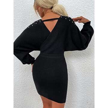 Muke Oneplus Pearl Wrap Sweater Dress for Women V Neck Batwing Sleeve Belt Bodycon Knit Dresses Black