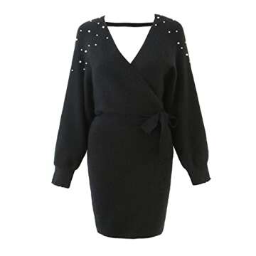 Muke Oneplus Pearl Wrap Sweater Dress for Women V Neck Batwing Sleeve Belt Bodycon Knit Dresses Black