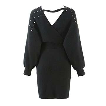 Muke Oneplus Pearl Wrap Sweater Dress for Women V Neck Batwing Sleeve Belt Bodycon Knit Dresses Black